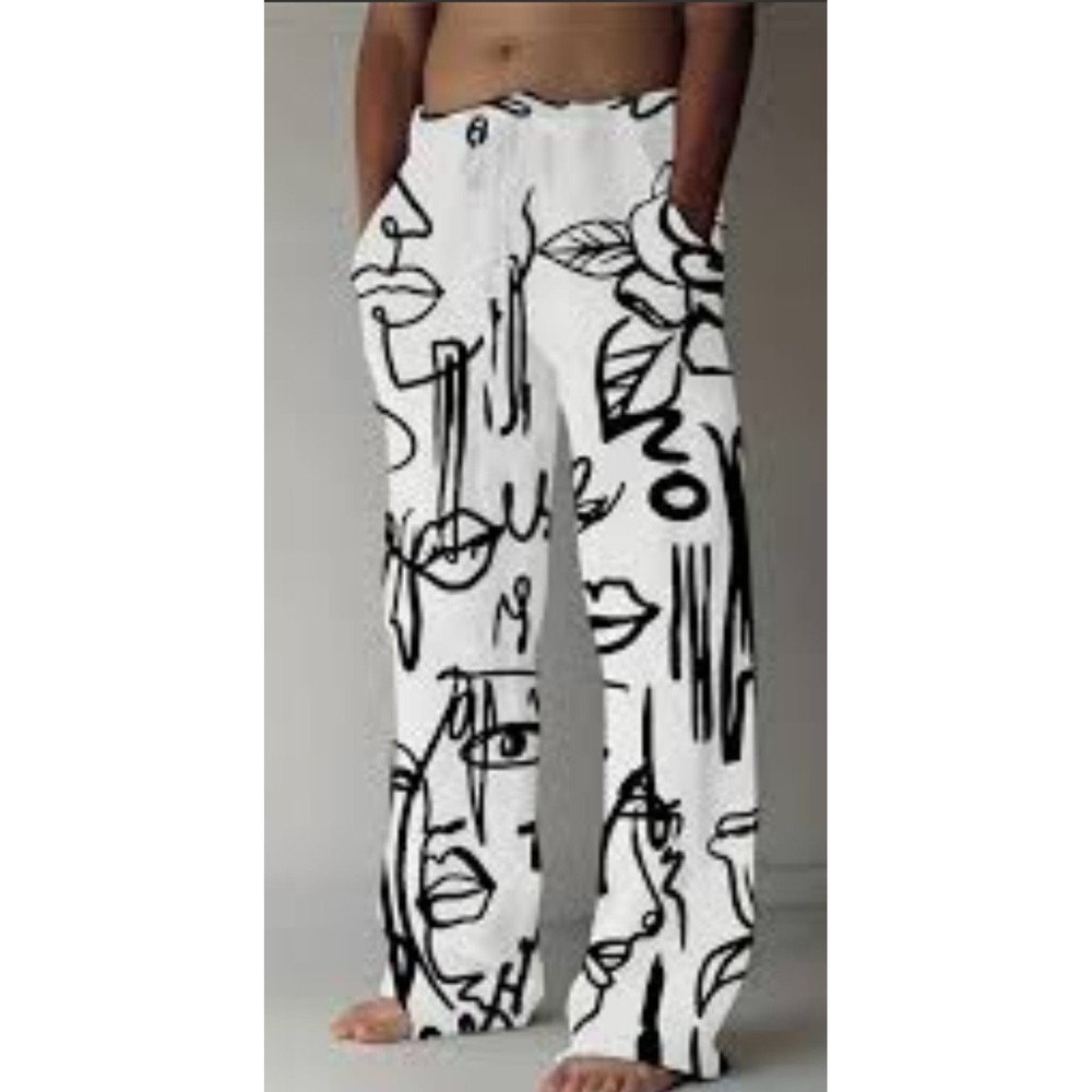 Leena Abstract Face Line Art Print Wide Leg Trousers White Black Satin Pants (5)